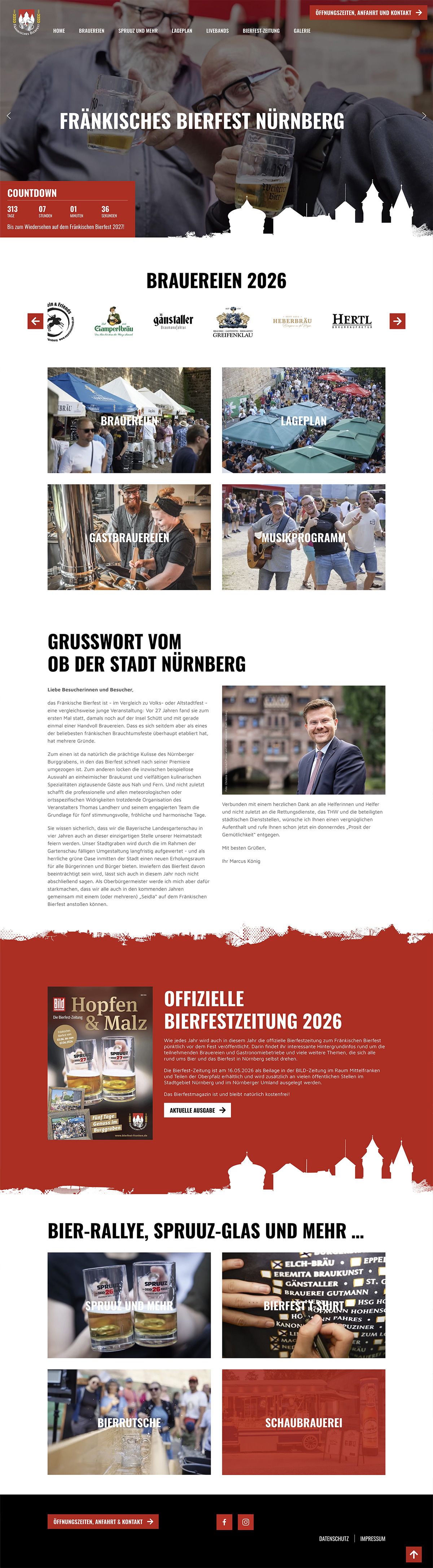 Startseite Internetauftritt Fränkisches Bierfest; Slider: zwei Bierfestgäste halten lachend Bierkrüge in Kamera; davor stilisierte Silhouette Kaiserburg Nürnberg; Content: Musikprogramm, Brauereien, Grußwort Marcus König, Magazin, Lageplan, usw.